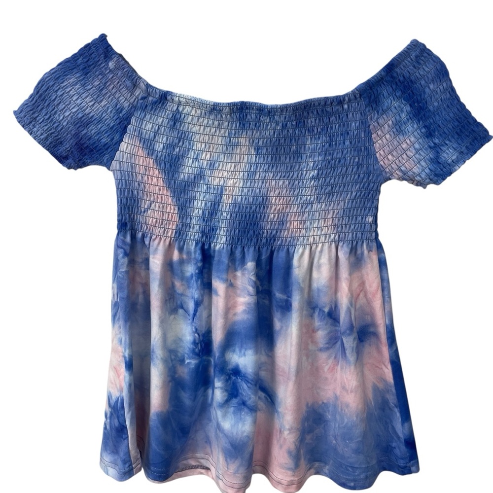 Warehouse One Blue and Pink Tie-Dye Off-Shoulder Smocked Top Size XS